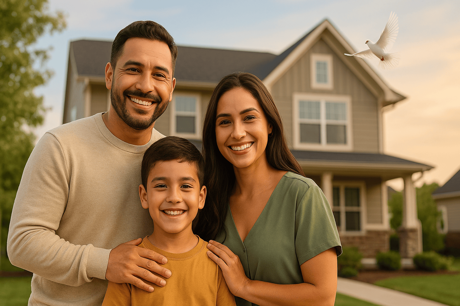 Familia hispana feliz frente a su casa nueva recibiendo asesoría financiera