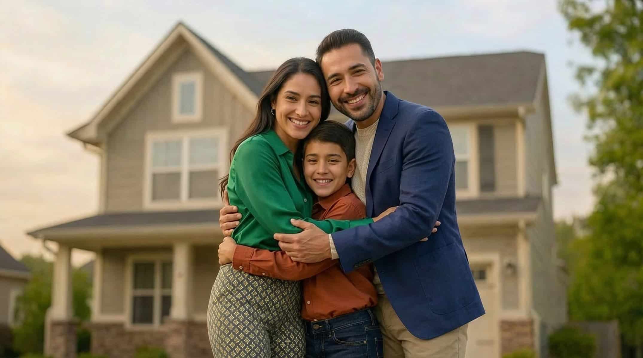 Familia latina abrazada frente a su nueva casa después de recibir asesoría de Con Ayuda.