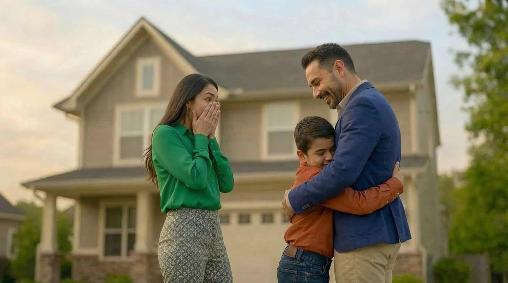 Familia latina emocionada frente a su nueva casa después de un logro financiero importante.