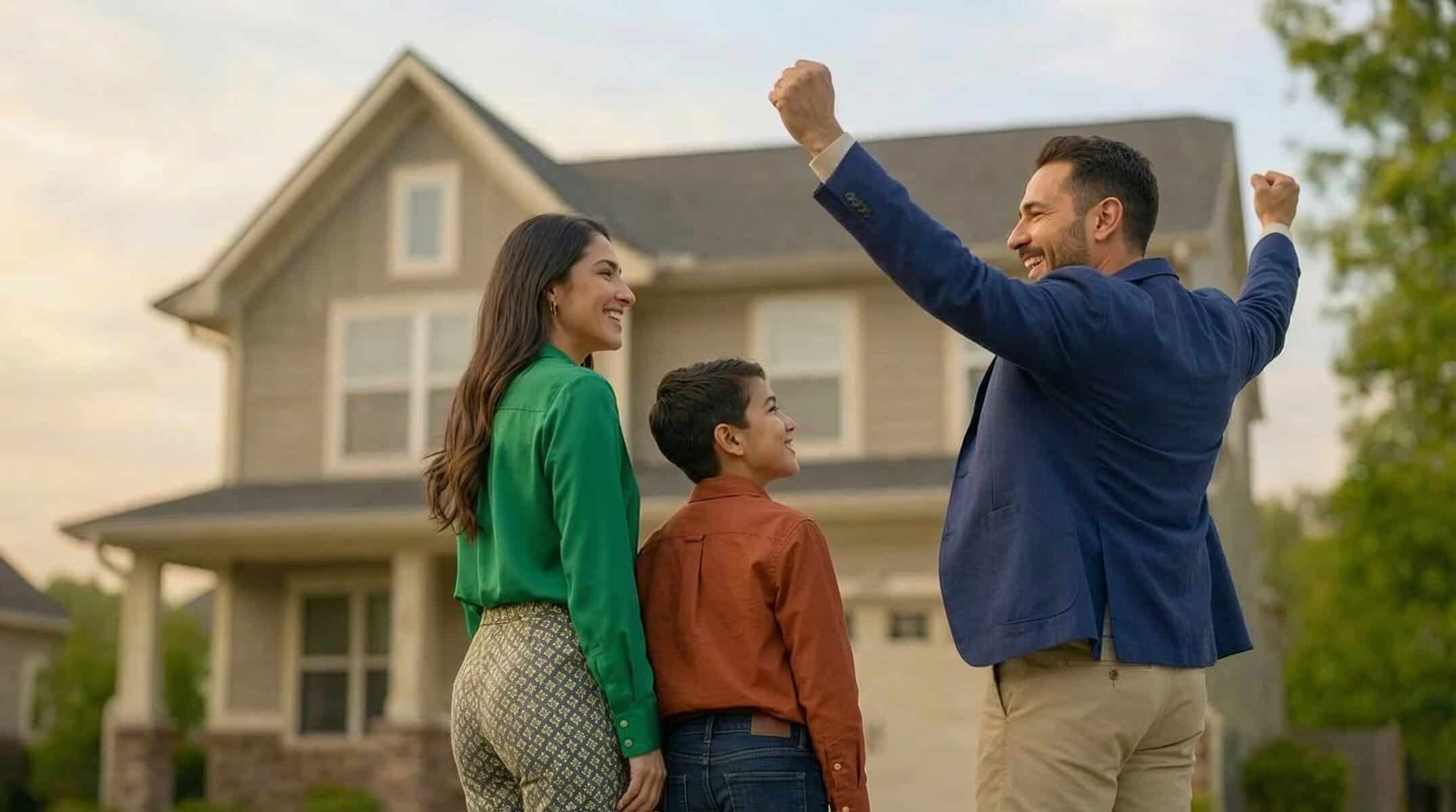 Padre latino celebrando emocionado frente a su nueva casa acompañado de su familia.