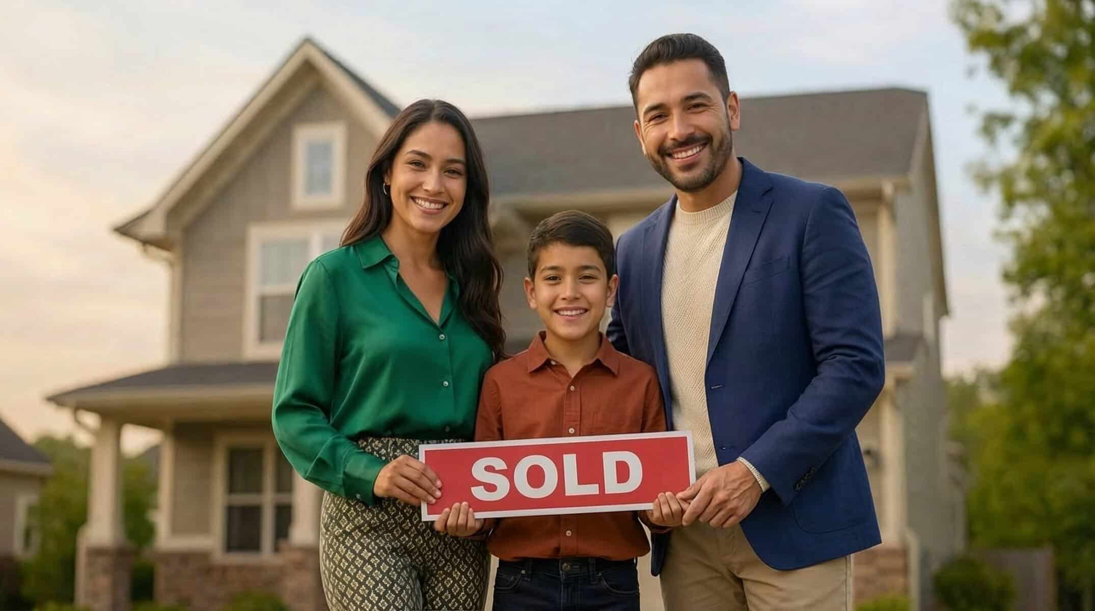 Familia latina sosteniendo un letrero de SOLD frente a su nueva casa.